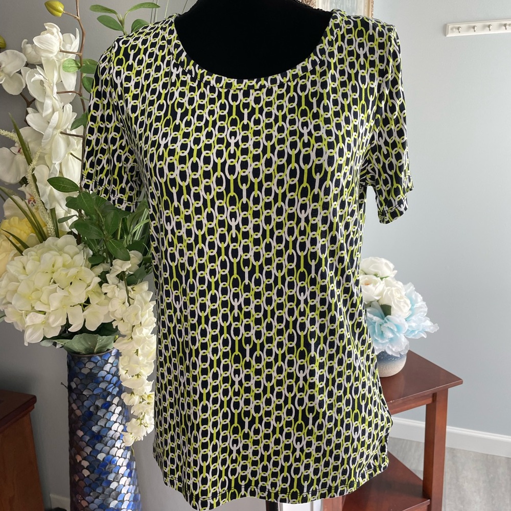Jones New York Shirt Short Sleeve Black Green White Size M